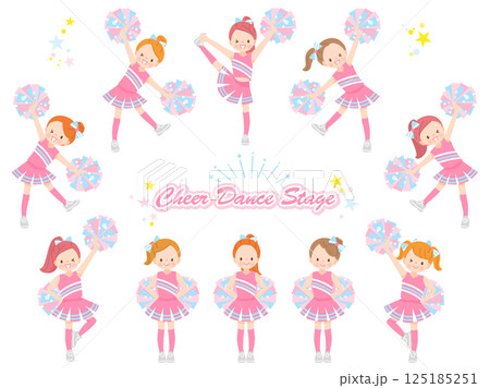 笑顔でチアダンスをしているかわいい子供達のイラストセット 125185251