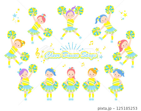 笑顔でチアダンスをしているかわいい子供達のイラストセット 125185253