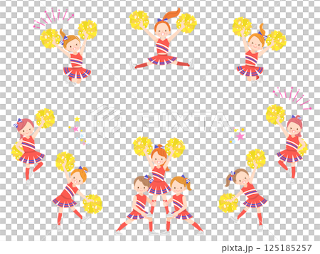 笑顔でチアダンスをしているかわいい子供達のイラストセット 笑顔でチアダンスをしているかわいい子供達のイラストセット 125185257
