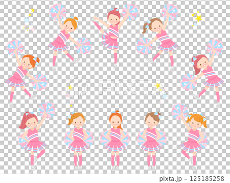 笑顔でチアダンスをしているかわいい子供達のイラストセット 125185258