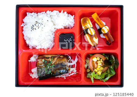 Top view of Saba Bento Set box of Grilled Saba fish, focus selective 125185440
