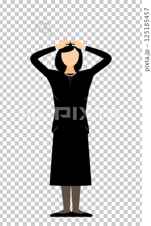 A simple illustration of a woman in mourning clothes holding her head in worry A simple illustration of a woman in mourning clothes holding her head in worry 125185457