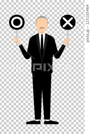 A simple illustration of a senior man in mourning clothes holding a plus or minus stick A simple illustration of a senior man in mourning clothes holding a plus or minus stick 125185464