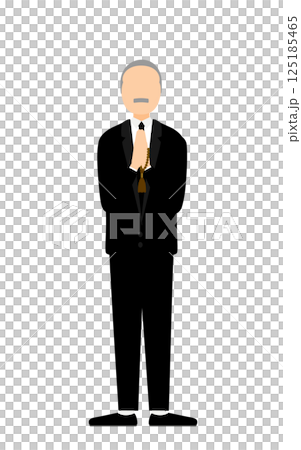A simple illustration of a senior man in mourning clothes holding a rosary and praying 125185465