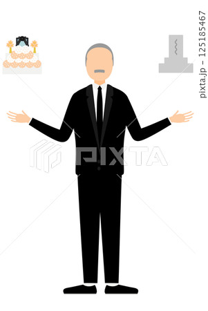 喪服を着たシニア男性が墓と葬儀について考えるシンプルなイラスト 125185467