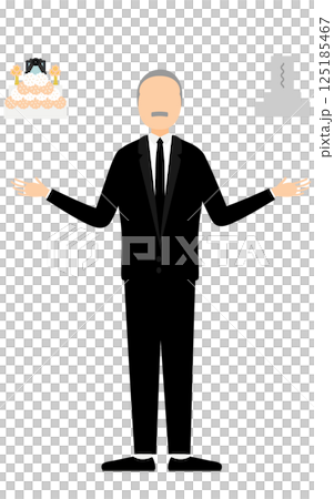 喪服を着たシニア男性が墓と葬儀について考えるシンプルなイラスト 125185467
