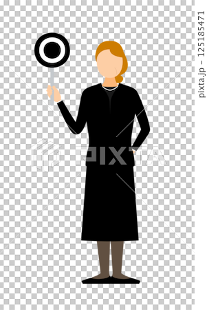 喪服を着たシニア女性がマルの棒を持つシンプルなイラスト 125185471