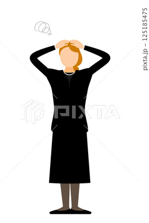 喪服を着たシニア女性が頭を抱えて悩むシンプルなイラスト 喪服を着たシニア女性が頭を抱えて悩むシンプルなイラスト 125185475