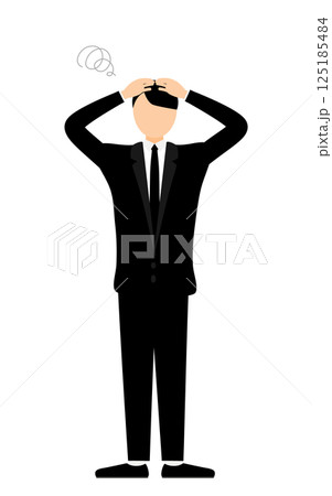 喪服を着た男性が頭を抱えて悩むシンプルなイラスト 喪服を着た男性が頭を抱えて悩むシンプルなイラスト 125185484