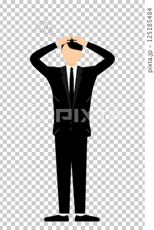 一個簡單的插圖，一個身穿喪服的男人沮喪地抱著頭 125185484