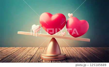 天秤に乗った2つの赤いハートと小さな白色のハート,generative ai_ワイド 125185689
