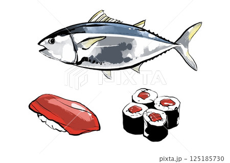 手書きのマグロと寿司、鉄火巻き 手書きのマグロと寿司、鉄火巻き 125185730