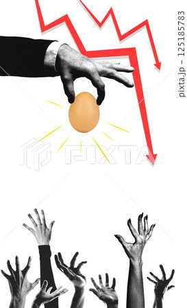 Large hand picks glowing egg from above red financial arrow while many hands reach from below, symbolizing wealth control and economic desperation. Large hand picks glowing egg from above red financial arrow while many hands reach from below, symbolizing wealth control and economic desperation. 125185783