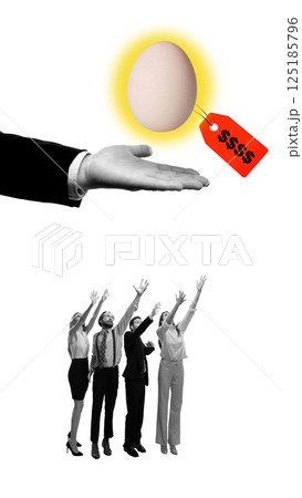 Business hand offers glowing egg with red price tag to crowd of reaching professionals. High prices, lack of affordability. Business hand offers glowing egg with red price tag to crowd of reaching professionals. High prices, lack of affordability. 125185796