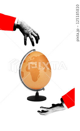 Giant egg as globe held between two grasping hands symbolizes fragile state of world economy and global struggle for financial control Giant egg as globe held between two grasping hands symbolizes fragile state of world economy and global struggle for financial control 125185810