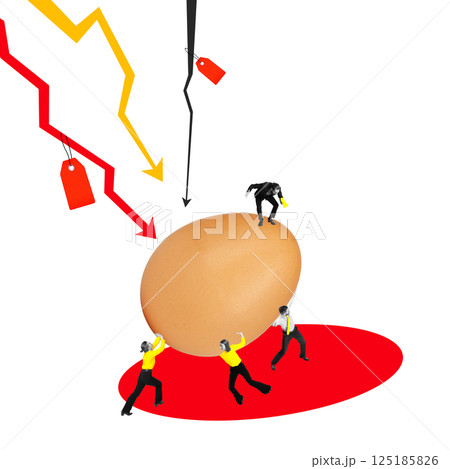 Businesspeople struggle to balance giant egg under crashing arrows and price tags. Pressure of inflation, global market collapse. Businesspeople struggle to balance giant egg under crashing arrows and price tags. Pressure of inflation, global market collapse. 125185826
