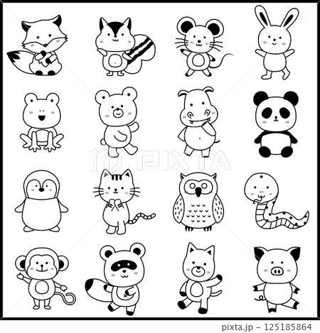 楽しいポーズの動物キャラクターセット　白黒 125185864
