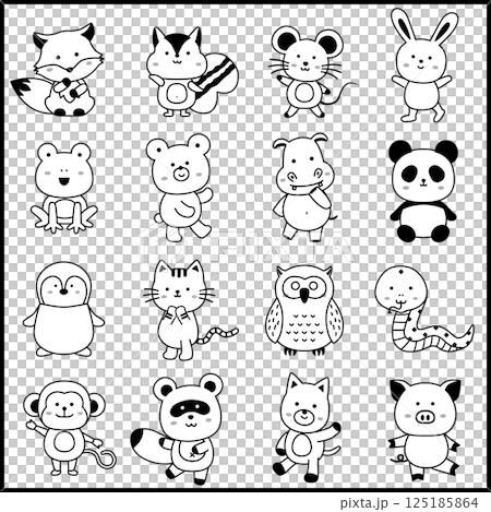 有趣的姿勢動物角色集黑白 125185864