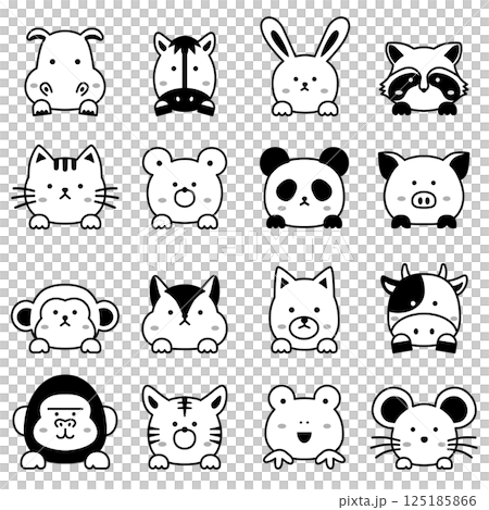 Set of animal illustrations popping out (black and white, line drawings) 125185866