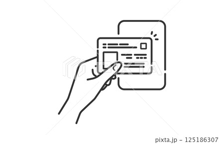身分証のマイナンバーカードを端末にタッチして読み取るベクターアイコン (線画・モノクロ) 身分証のマイナンバーカードを端末にタッチして読み取るベクターアイコン (線画・モノクロ) 125186307
