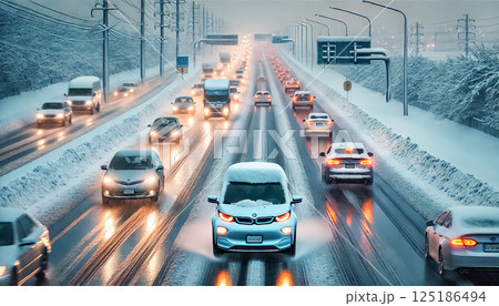 Cars drive cautiously on a snow-covered highway without snow piles on their roofs. Headlights reflect off the icy road, framed by snow-covered trees and a cloudy sky, as light snow continues to fall 125186494