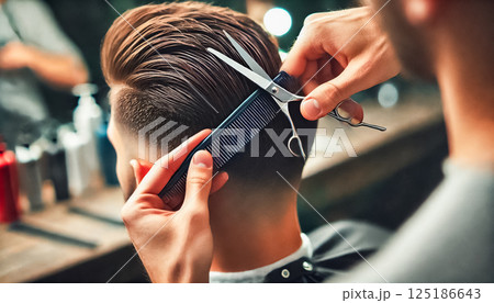 Hairdresser carefully crafting a precise haircut, viewed from behind, using scissors and a comb. The shallow depth of field (f1.2) emphasizes the sharpness of the haircut against a softly blurred Hairdresser carefully crafting a precise haircut, viewed from behind, using scissors and a comb. The shallow depth of field (f1.2) emphasizes the sharpness of the haircut against a softly blurred 125186643