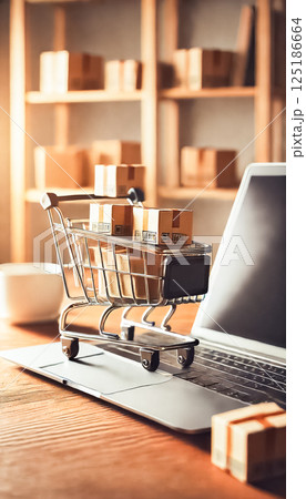 A creative representation of online shopping featuring a miniature shopping cart filled with small cardboard boxes placed on top of a laptop keyboard. The blurred background includes shelves stacked A creative representation of online shopping featuring a miniature shopping cart filled with small cardboard boxes placed on top of a laptop keyboard. The blurred background includes shelves stacked 125186664