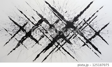 黒と白のさまざまな濃淡で描かれた複雑な抽象的なモノクロームの絵画	 125187075