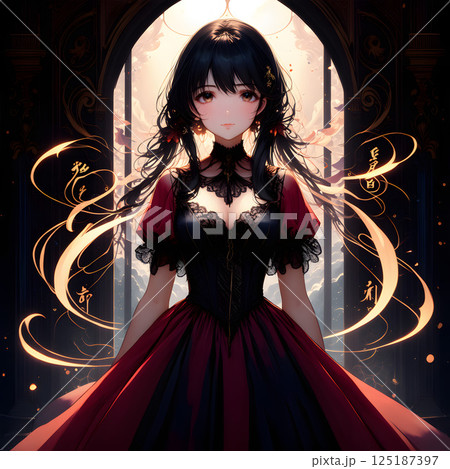 赤と黒のドレスを着た女性 「AI生成画像」のイラスト素材 [125187397