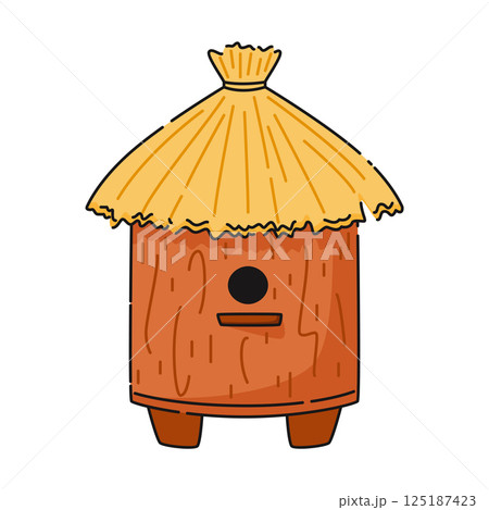 Round wooden house for honey bees with thatched roof vector illustration. 125187423