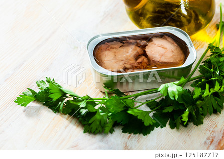 Canned liver of smoked cod with oil 125187717