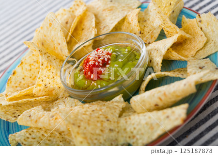 Nachos chips with guacamole Nachos chips with guacamole 125187878