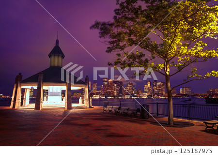 Boston skyline at sunset Piers Park Massachusetts 125187975