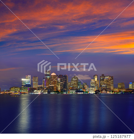 Boston skyline at sunset and river in Massachusetts Boston skyline at sunset and river in Massachusetts 125187977