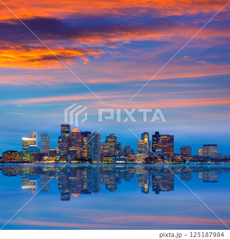 Boston skyline at sunset and river in Massachusetts 125187984