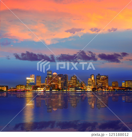 Boston skyline at sunset and river in Massachusetts Boston skyline at sunset and river in Massachusetts 125188012
