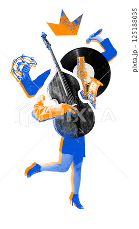Cheerful female character with vinyl head and upright bass, holding mic and tambourine in orange-blue tones. Cheerful female character with vinyl head and upright bass, holding mic and tambourine in orange-blue tones. 125188035