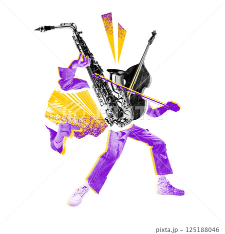 Abstract figure blended from saxophone, accordion, and double bass in purple-yellow scheme. Live performance. Abstract figure blended from saxophone, accordion, and double bass in purple-yellow scheme. Live performance. 125188046