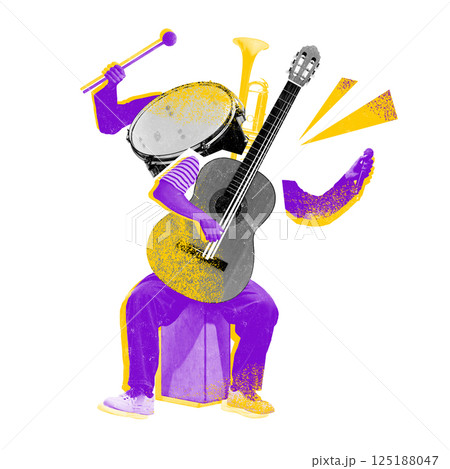 Abstract figure composed of guitar, drum, trumpet, and cymbals in purple-yellow tones, creative fusion of jazz and folk. 125188047