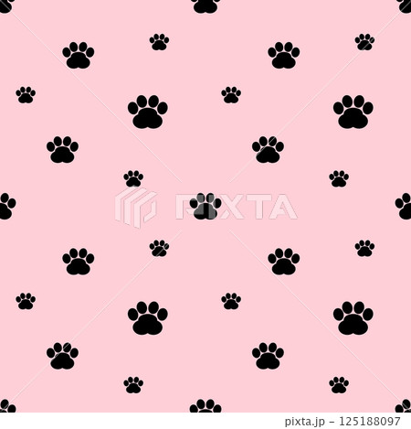 Black cat footprint on pink background drawing illustration vector seamless pattern. Simple design. Black cat footprint on pink background drawing illustration vector seamless pattern. Simple design. 125188097