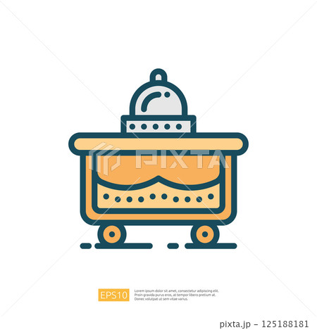 This image depicts a stylized serving cart with a dome lid, commonly used in dining settings to cover and present food. This image depicts a stylized serving cart with a dome lid, commonly used in dining settings to cover and present food. 125188181