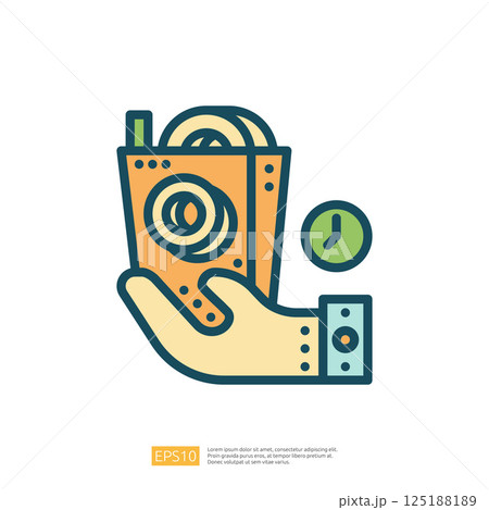 A hand holding a takeout container filled with noodles, accompanied by a clock icon, suggesting a focus on quick meal options. A hand holding a takeout container filled with noodles, accompanied by a clock icon, suggesting a focus on quick meal options. 125188189