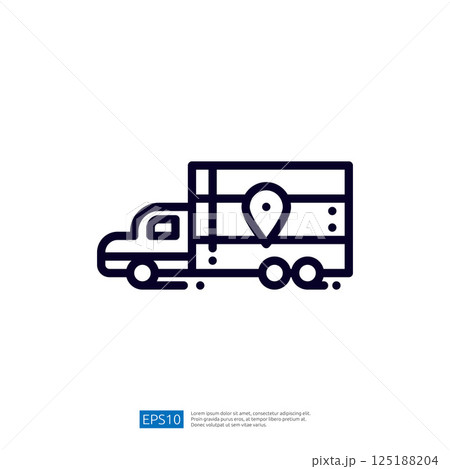 A simple line illustration of a delivery truck with a location pin, symbolizing transportation and logistics. 125188204