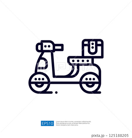 A simple line drawing of a scooter with a delivery box, representing transportation and delivery services. 125188205