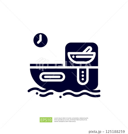 The image features a stylized boat with a bowl and spoon, suggesting a connection to food or dining on water, accompanied by a clock indicating time. The image features a stylized boat with a bowl and spoon, suggesting a connection to food or dining on water, accompanied by a clock indicating time. 125188259