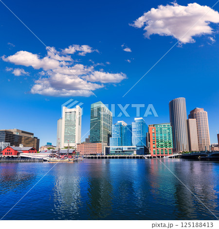 Boston skyline from Fan Pier sunlight Massachusetts Boston skyline from Fan Pier sunlight Massachusetts 125188413