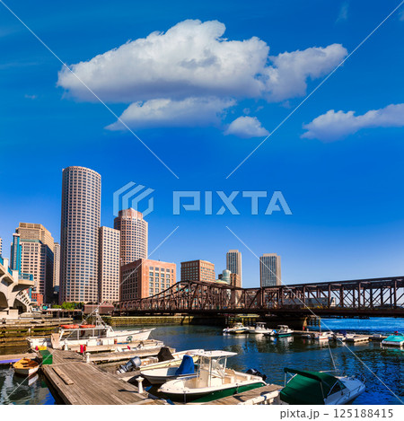 Boston skyline from Fan Pier sunlight Massachusetts 125188415