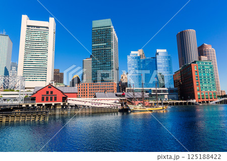 Boston skyline from Fan Pier sunlight Massachusetts 125188422