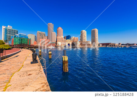 Boston skyline from Fan Pier sunlight Massachusetts 125188428