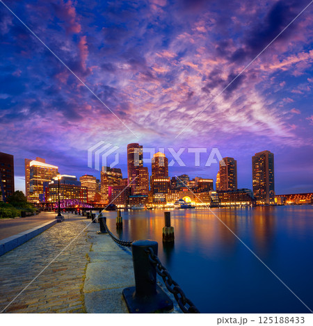 Boston sunset skyline at Fan Pier Massachusetts Boston sunset skyline at Fan Pier Massachusetts 125188433